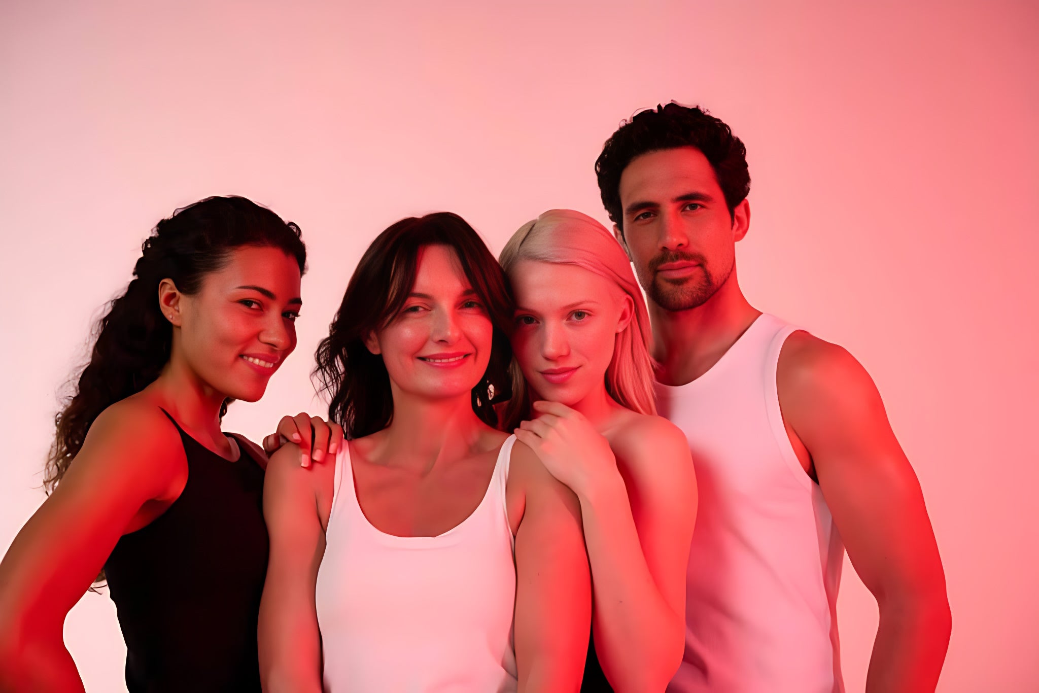 Four diverse individuals smiling and posing together, promoting the opportunity to become an ambassador for Lucibel.le.